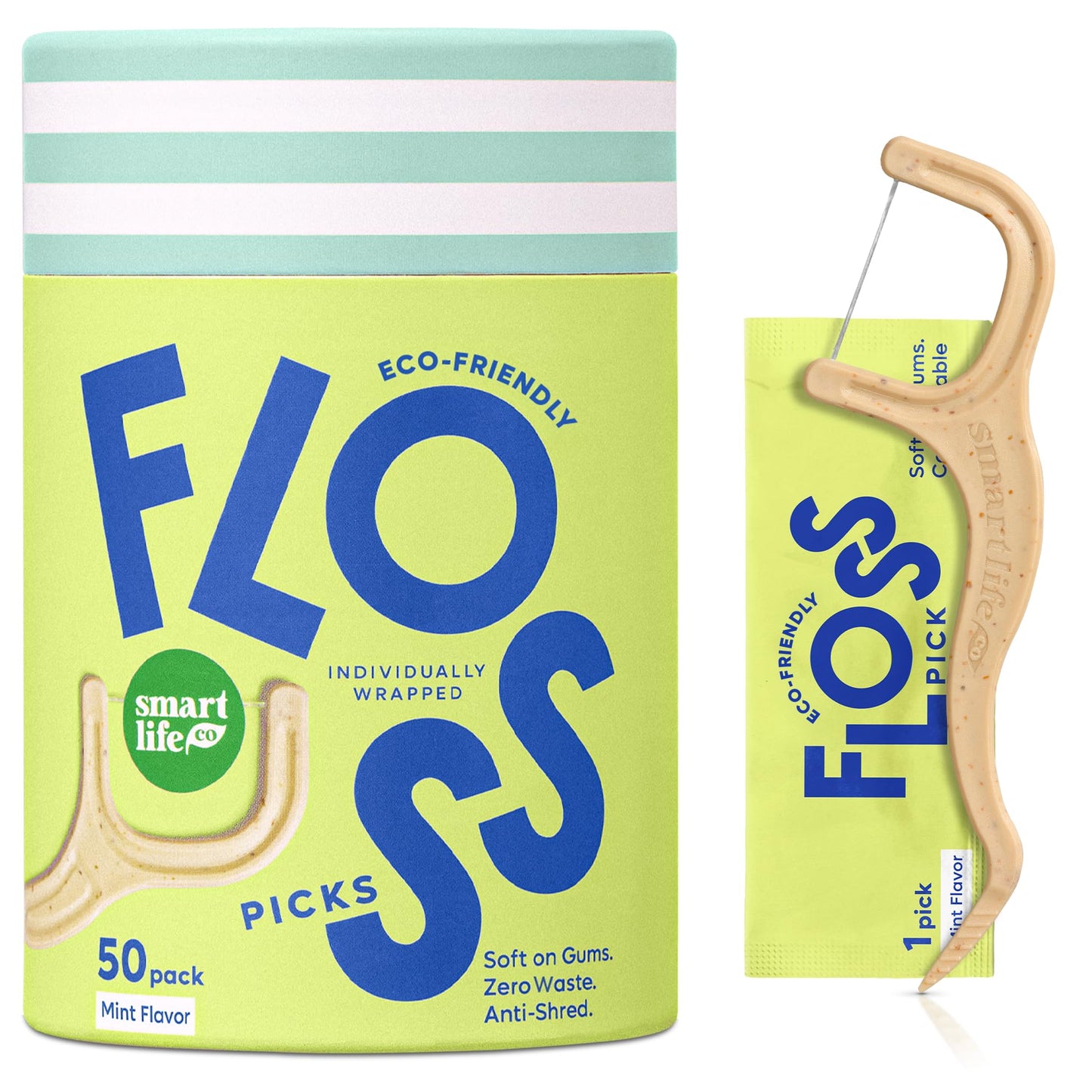 Individually Wrapped Dental Floss Picks - Biodegradable* Straw Wheat Flosser Handle & Packaging | Natural Toothpick Stick Soft On Gums & Teeth | Compostable*, Eco Friendly, Zero Waste | Mint, 50x