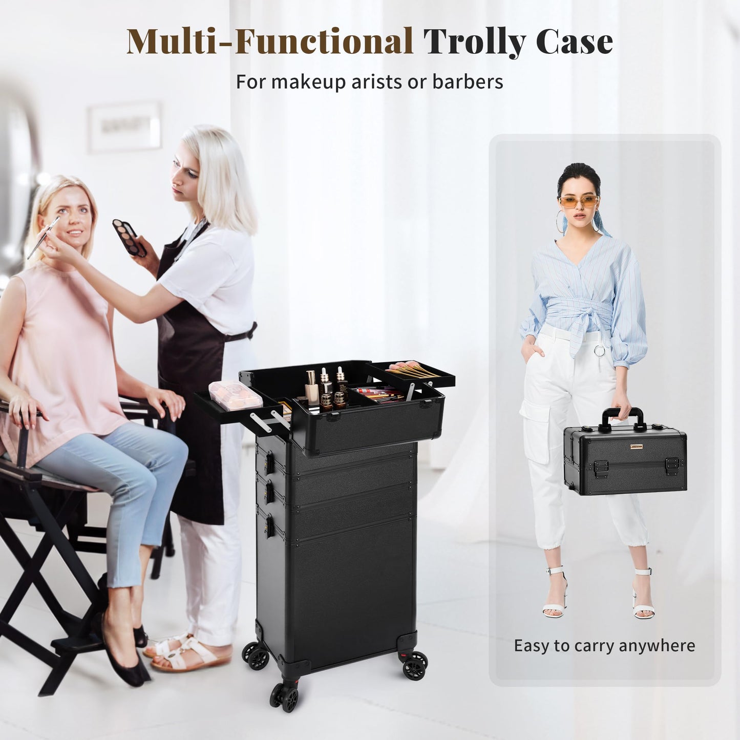 JINGUAN Rolling Makeup Train Case Large Storage Cosmetic Trolley 5 in 1 Large Capacity Trolley Makeup Travel Case with Key Swivel Wheels Salon Barber Case Traveling Cart Trunk, Black