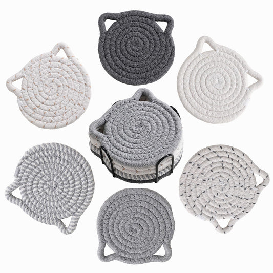 Adorable Cat Decor Drink Coasters: Set of 6 Cotton Coasters for Lovers, Funny and Novelty Office Supplies, Housewarming Gift, Gray