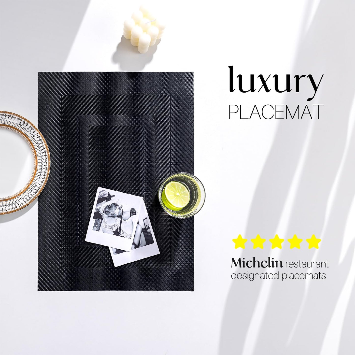 LEXMORE Placemats Set of 6 Vinyl/Plastic Woven Place Mats for Kitchen Table Indoor/Outdoor Washable Placemat Wipeable Dining Table Mats(Black Cube)