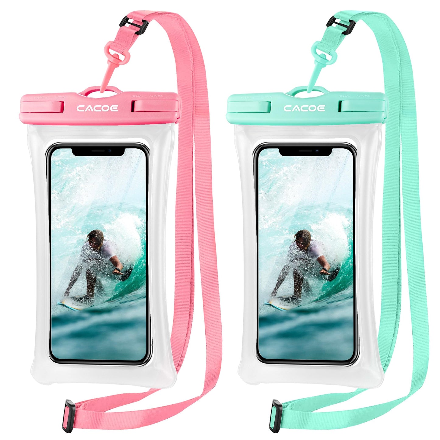 CACOE [Floatable] Floating Universal IPX8 Waterproof Phone case 2 Pack-Up to 7.0",Adjustable Lanyard Phone Pouch,Cellphone Dry Bags for Vacation Beach Pool Kayak Cruise Travel Essentials（Black+Green）