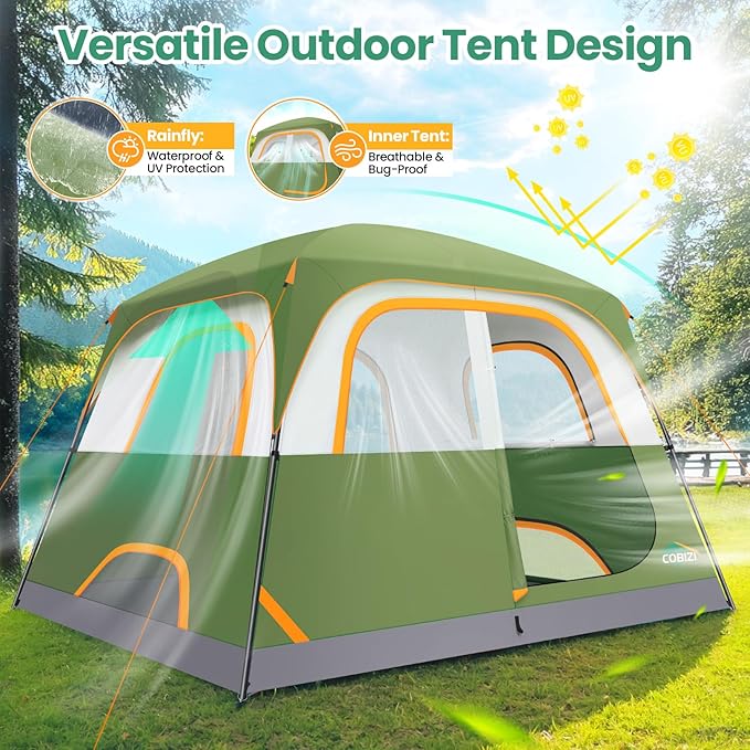 COBIZI Camping Tent, 4/6 Person Easy Setup Waterproof Windproof Backpacking Tent with Removable Rainfly, Lightweight Portable Outdoor Family Tents for Camping, Travel, Fishing, Hiking, Scouts