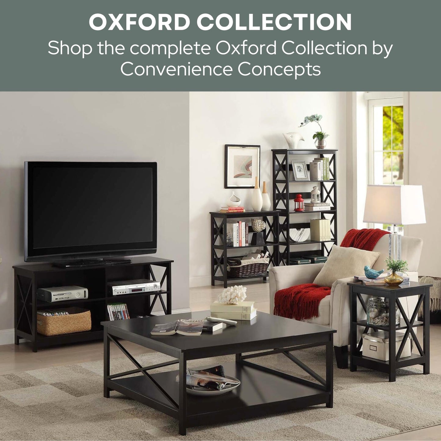 Convenience Concepts Oxford 1-Drawer Console Table 39.5" - Farmhouse Sofa Display with Storage Shelf For Living, Family, & Dining Room, Modern Entryway Hall Table for Kitchen, Bedroom, Black
