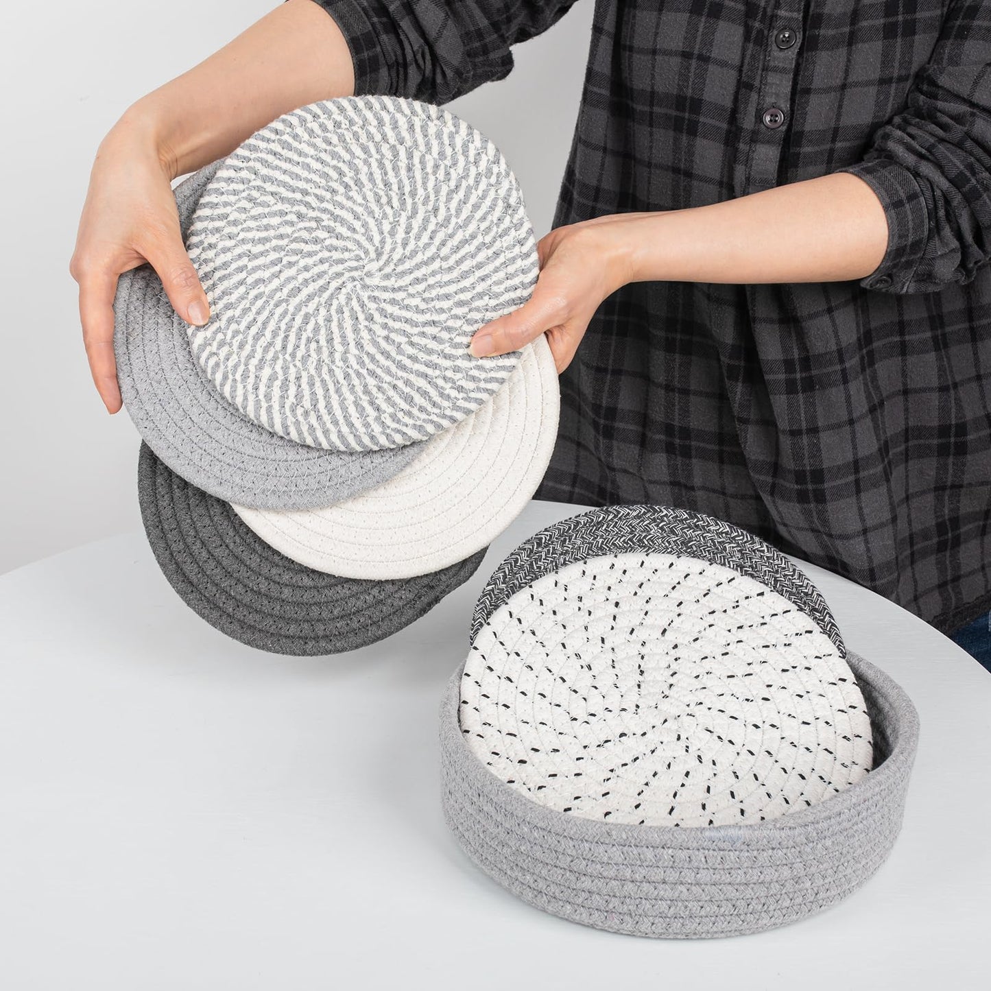 8" Trivets for Hot Dishes, Hot pots and Pans,6 Heat Resistant Hot Pads and Storage Basket 1 Pack,Pot Holders for Kitchen, Hot Plate Mats for Kitchen Countertops