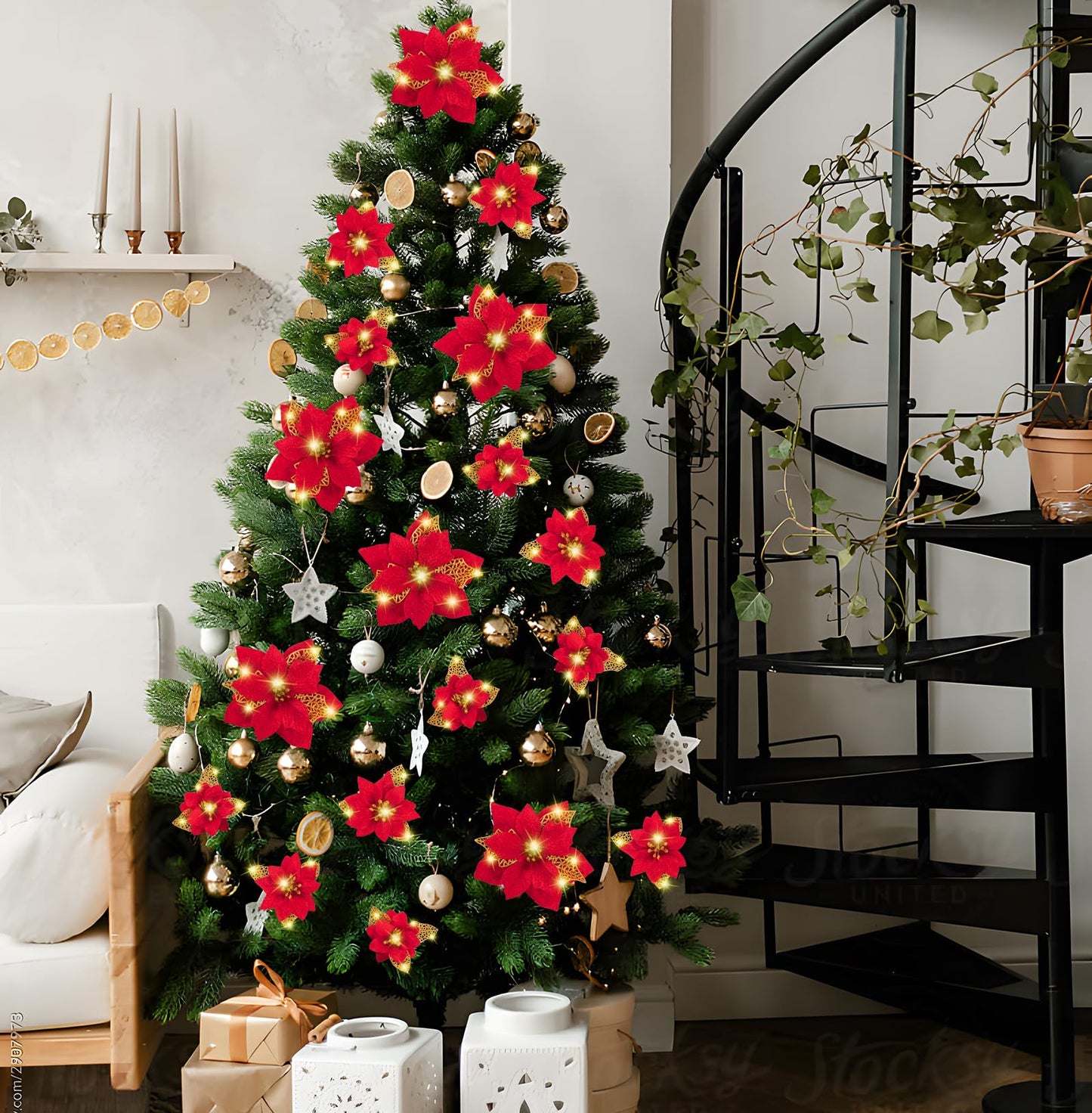 Geefuun 28PCS Christmas Tree Decorations: Poinsettias Artificial Flowers Ornaments Xmas Red Glitter Flower with Clips,3 Sizes(Not Included Stems)