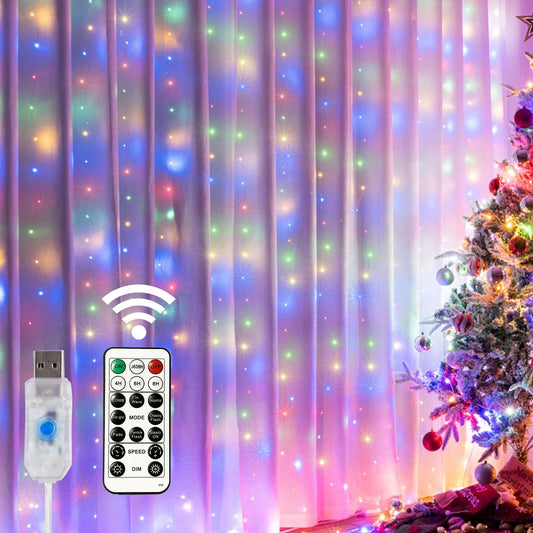 HOME LIGHTING Window Curtain String Lights, 300 LED 8 Lighting Modes Fairy Copper Light with Remote, USB Powered Waterproof for Christmas Bedroom Party Wedding Home Garden Wall Decorations, Multicolor