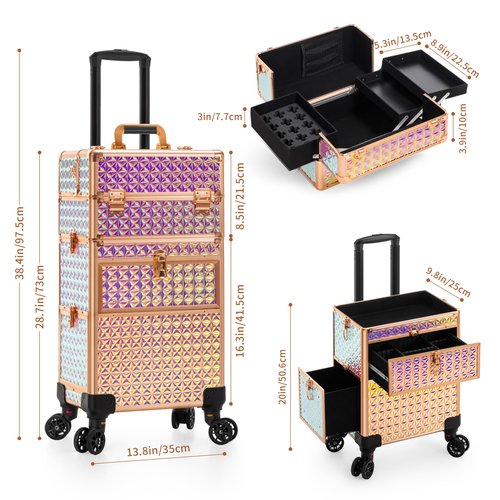 AROUS Rolling Makeup Train Case on 2 Large Drawer, Multi-functional Cosmetic Trolley with 360° Swivel Wheels Keys, Large Storage Traveling Cart Trunk, Train Cases for Nail Technicians Hairstylist