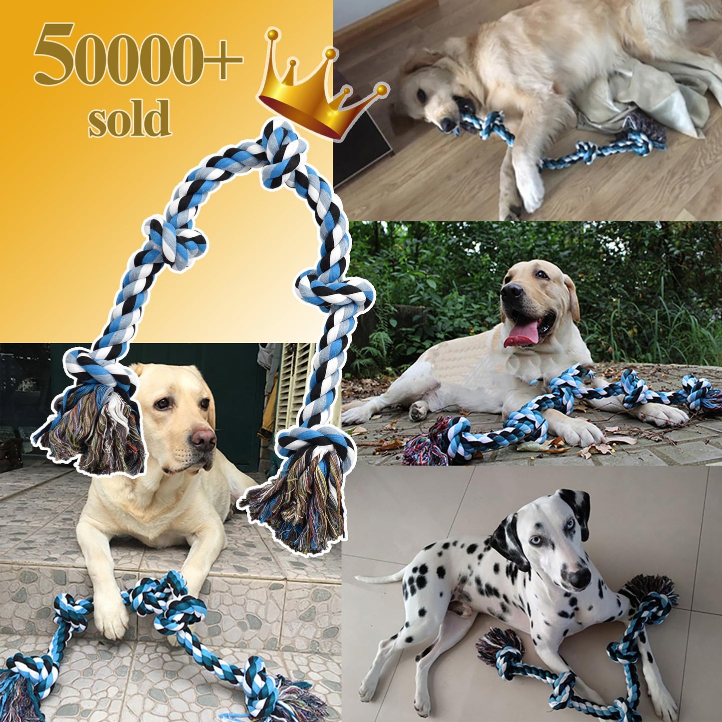 LECHONG Dog Toys for Aggressive Chewers Tough Rope Chew Toys for Large and Medium Dog 3 Feet 5 Knots Indestructible Cotton Rope for Large Breed Dog Tug of War Dog Toy Teeth Cleaning