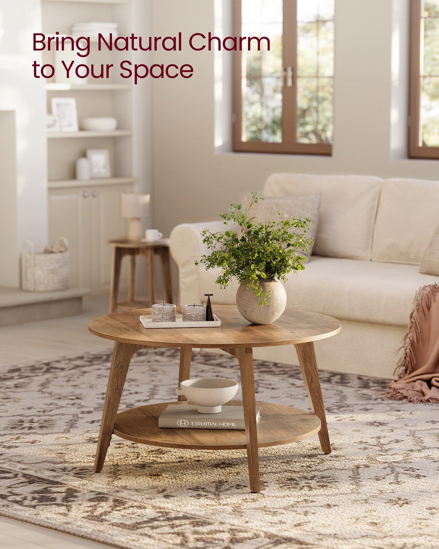 VASAGLE Round Coffee Table, 2 Tier Coffee Table with Storage, for Living Room, 31.5 x 17.7 Inches, Easy to Assemble, Honey Brown ULCT243K41