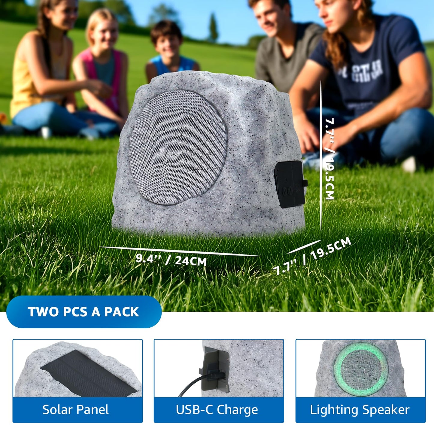GGII 2-Pack Solar Powered Rock Speakers Outdoor Water-Resistant with 3 Mode Lights and Pair Function USB Rechargeable for Patio Garden Party Pool Outside(Two A)