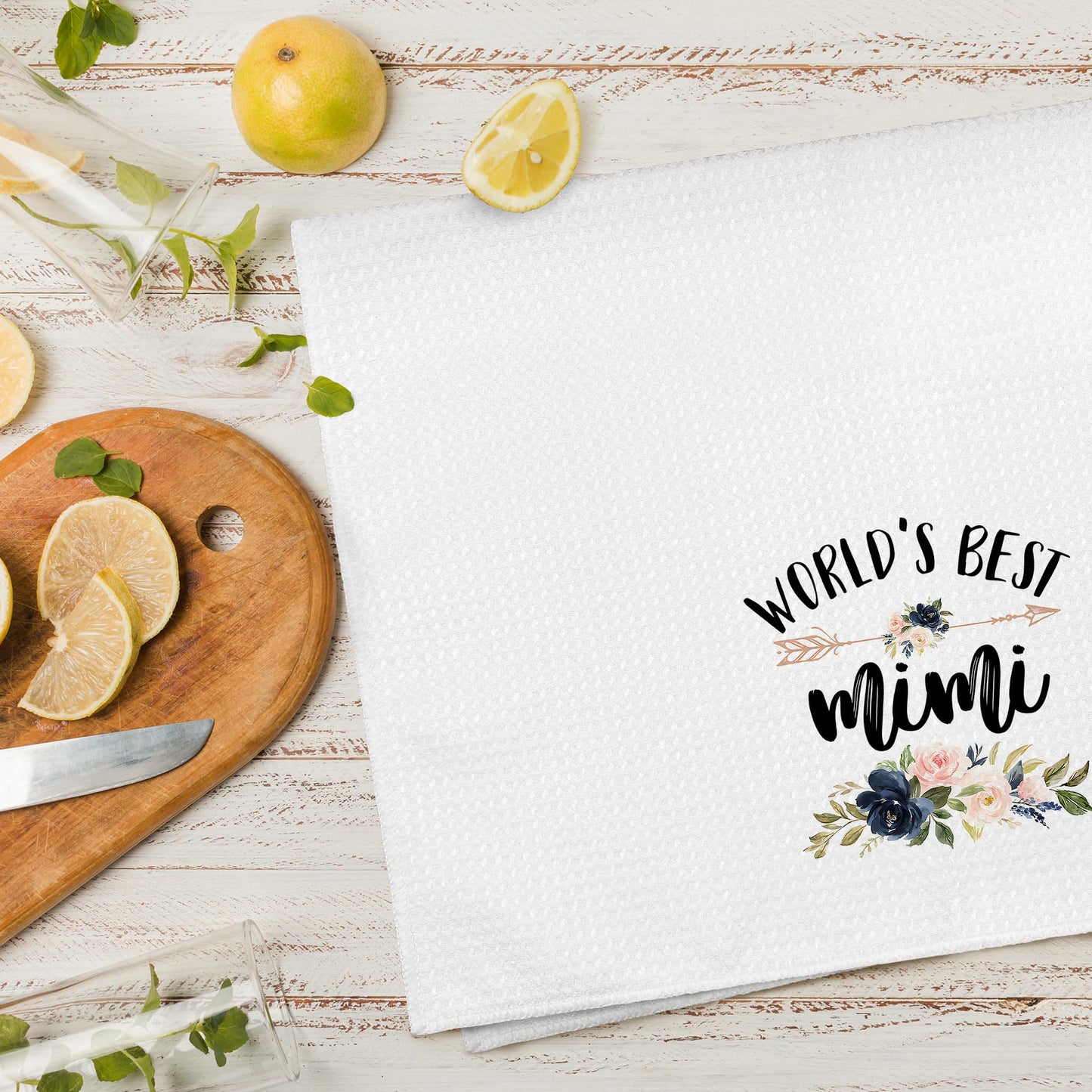 WAITPI Mimi Grandma Gifts Kitchen Towels, World's Best Mimi Christmas Birthday Gifts Hand Towels for Grandma from Grandkids, Floral Decorative Hand Dish Towels for Bathroom Mother's Day Decor 16x24 In