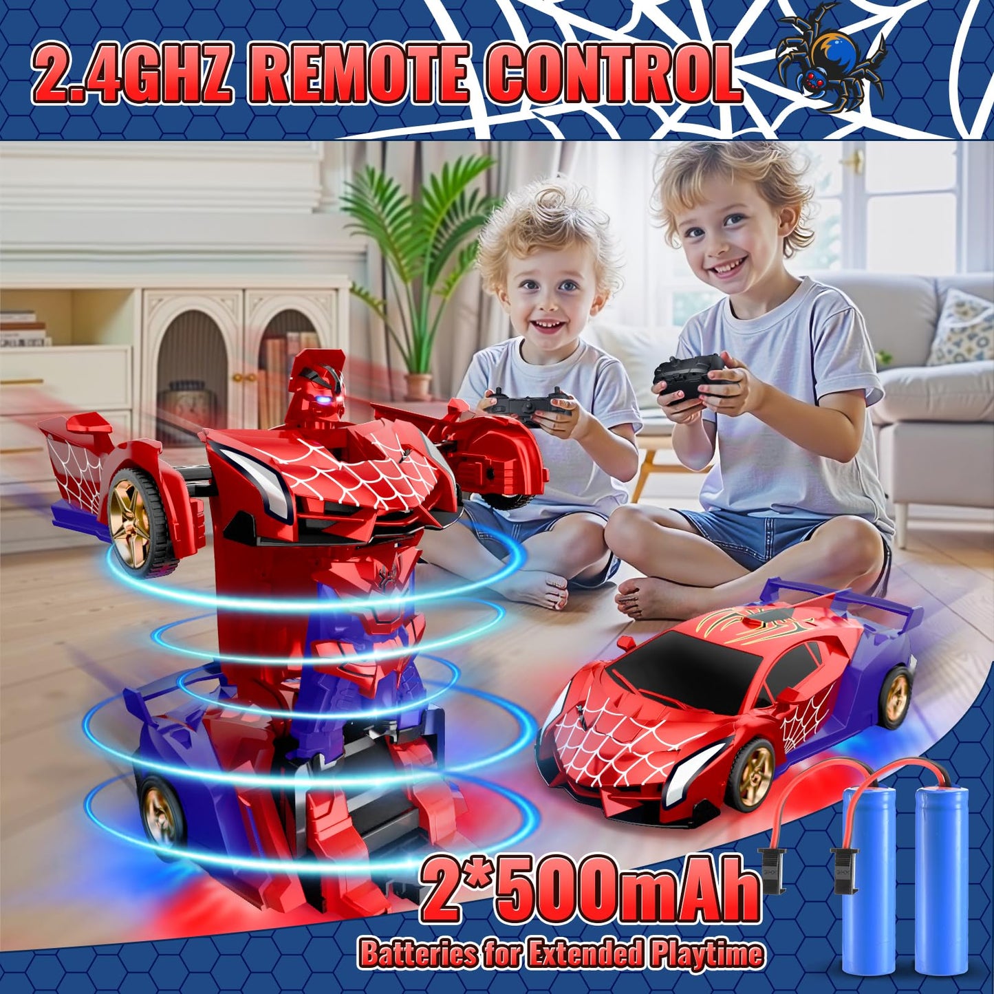 Spider Transform RC Cars Toys with Eye & Underbody Lights, 2.4GHz Remote Control Car One-Button Deformation, Fast 360°Rotation Robot Toys Birthday Gifts for 3 4 5 6 7 8 9 10 Year Old Boys Age 4-7 8-12