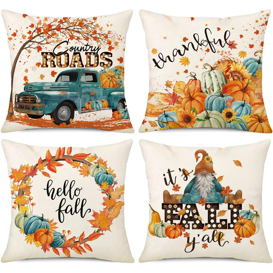 NIGHTWISH Fall Pillow Covers 18x18 Set of 4 Thanksgiving Farmhouse Decorations Teal Truck Gnome Outdoor Fall Decor Throw Pillow Covers Thankful Pumpkins Harvest Autumn Cushion Case for Sofa Couch