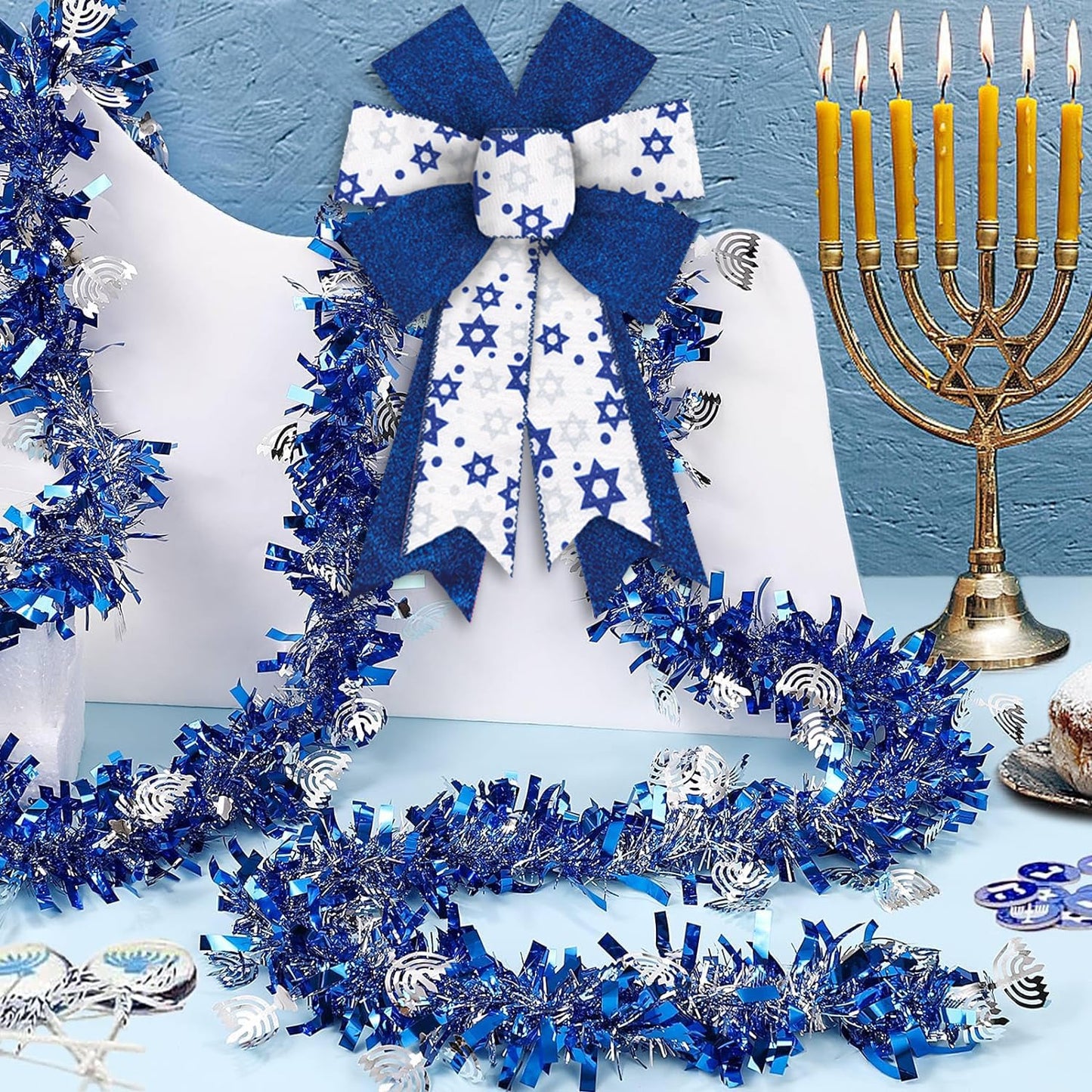 2 PCS Hanukkah Wreath Bows Chanukah Star of David Royal Blue White Ribbon Bows for Wreath, Medium Tree Topper Bows for Jewish New Year Party Home Indoor Outdoor Decoration Wreath Ornament Supplies
