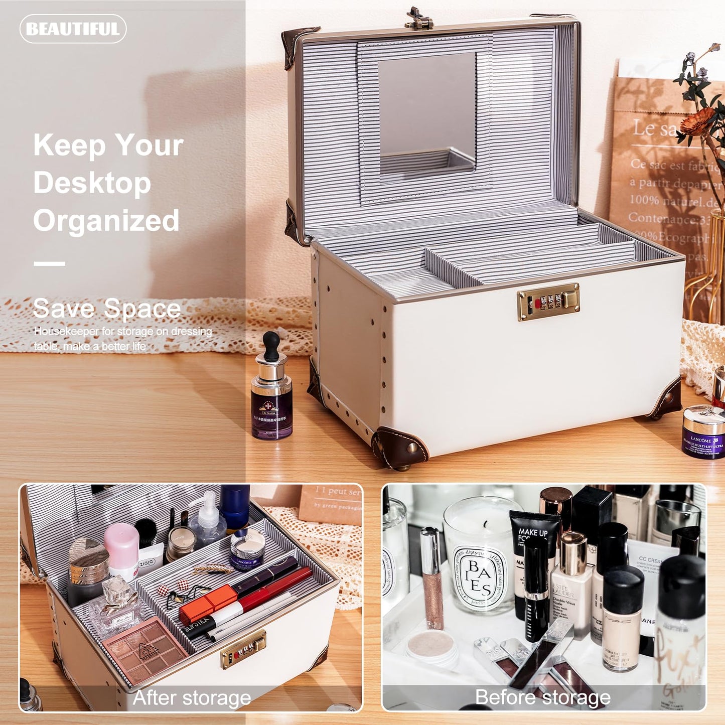 urecity Portable Retro Leather Makeup Train Case Cosmetic Organizer Case Leather Storage Box with Combination Lock (12.5", Ivory White)