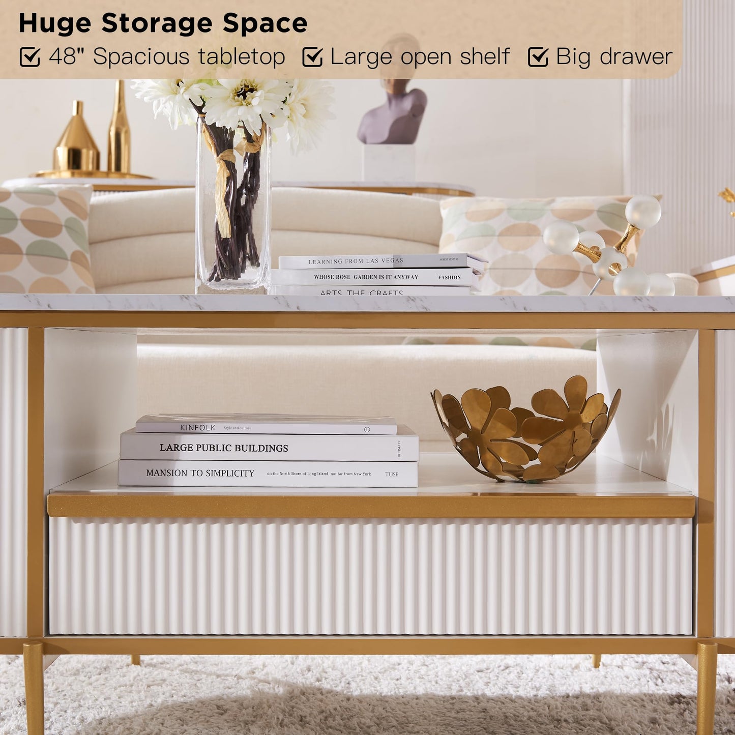 OKD Modern Luxury Fluted Coffee Table, 48" Oval Coffee Table with Drawer, Faux Marble Top, Curved Profile Design, Gold Metal Decor, Center Table for Living Room, Off White