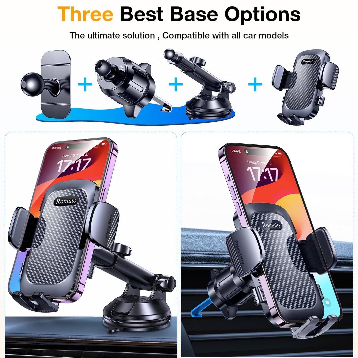 Phone Holders for Your Car【Upgraded Strongest Suction】Car Phone Holder Mount Dash【360° Adjustable】Suction Cup phone Mount for Truck Stand Cell PHone Holder for Car mount Fit All iPhone Car Accessories
