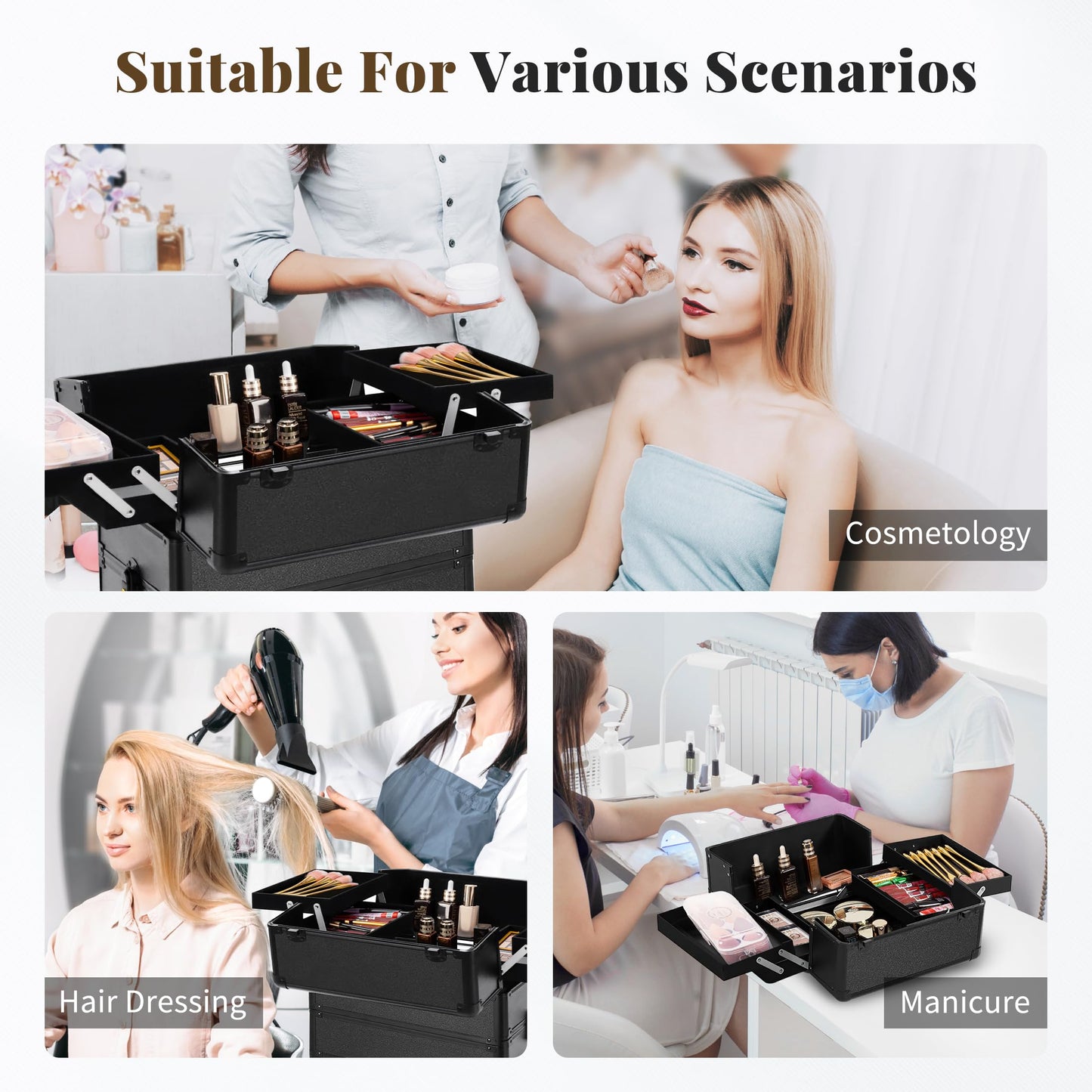 JINGUAN Rolling Makeup Train Case Large Storage Cosmetic Trolley 5 in 1 Large Capacity Trolley Makeup Travel Case with Key Swivel Wheels Salon Barber Case Traveling Cart Trunk, Black