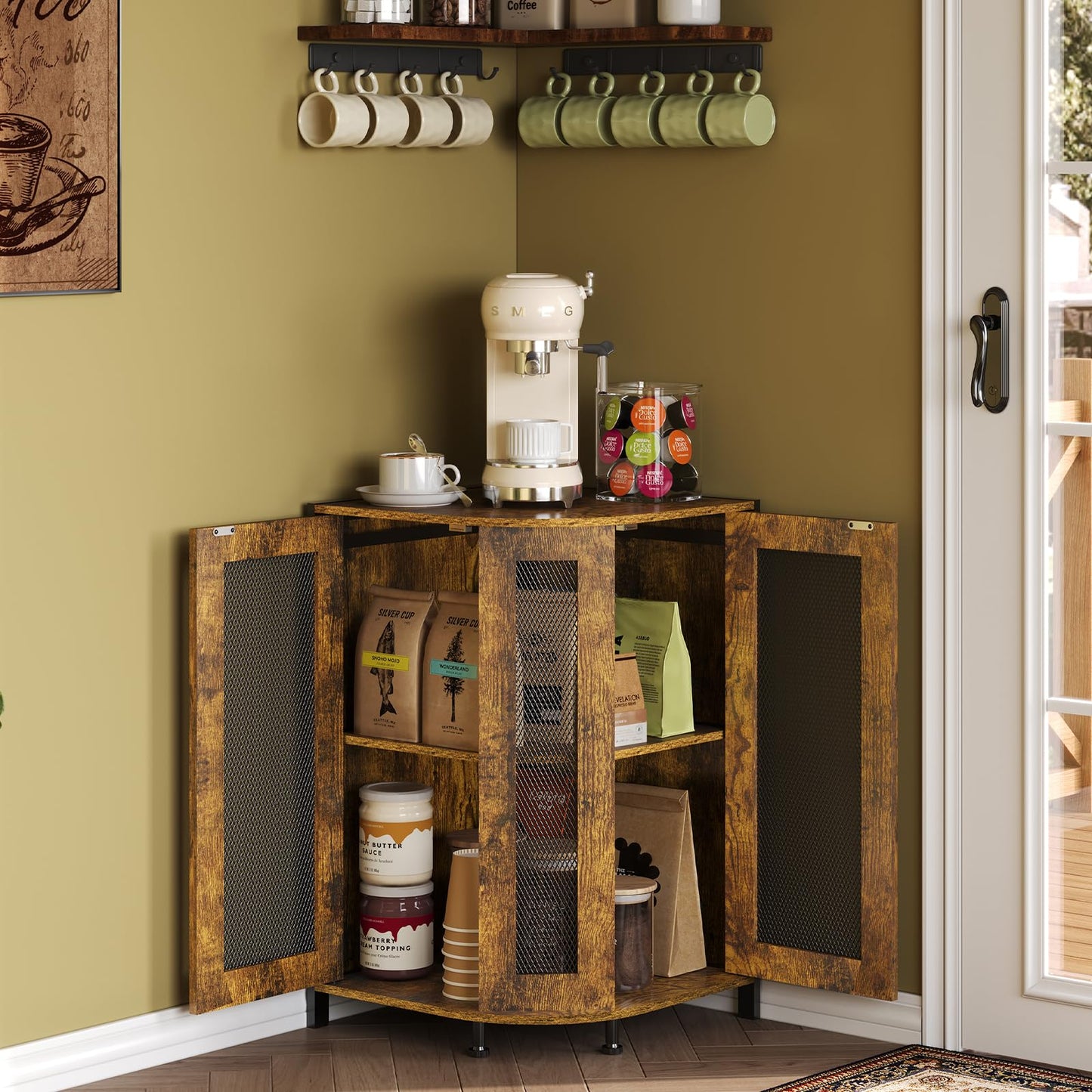 keomaisyto Coffee Bar Cabinet, 3-Tier Corner Coffee Cabinet with Storage Shelf & 18.7" Countertop, Rustic Wood Corner Bar Station with Magnetic Door for Kitchen/Entrance/Living Room/Dining Room