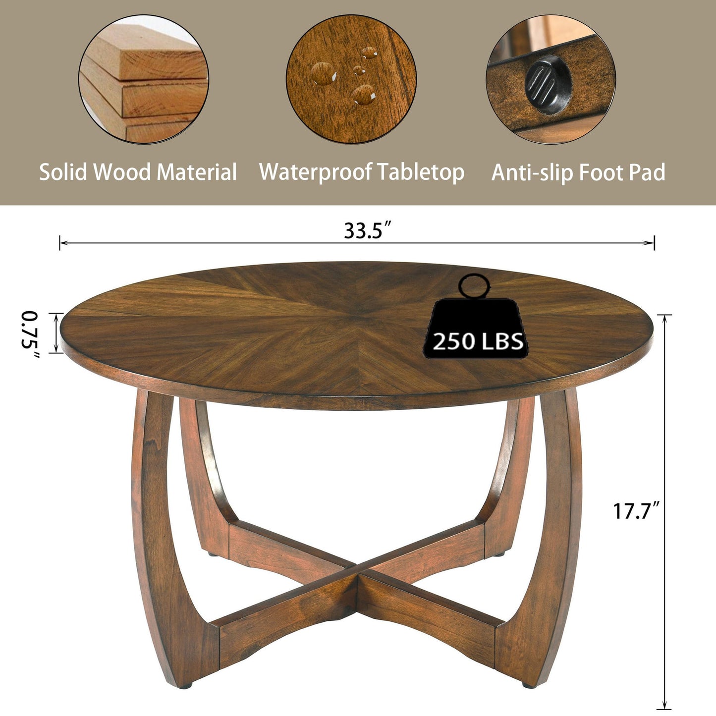 LEEMTORIG Round Wood Coffee Table, Mid Century Modern Round Walnut Coffee Tables for Living Room, 33.5" Dia. Circle Drum Coffee Table with Cross Legs, Easy Assembly, Brown Walnut KFZ-3223