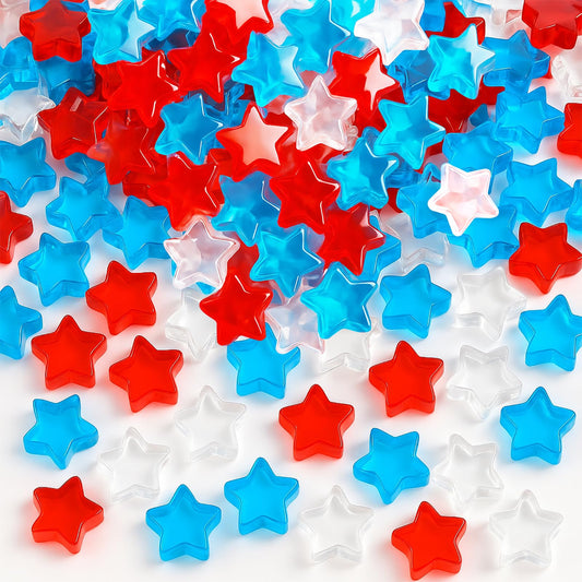 100 Pcs 3D Acrylic Star Ornaments Baubles – Mini Assorted Transparent Red White and Blue Crystal Beads Table Scatter Vase Filler Craft for 4th of July, Memorial Day, and Patriotic Decorations