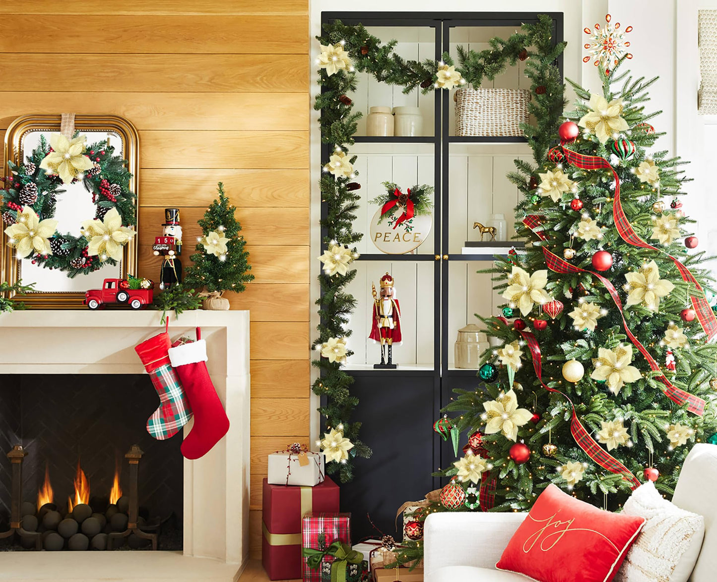 Geefuun 28PCS Christmas Tree Decorations: Poinsettias Artificial Flowers Ornaments Xmas Gold Glitter Flower with Clips