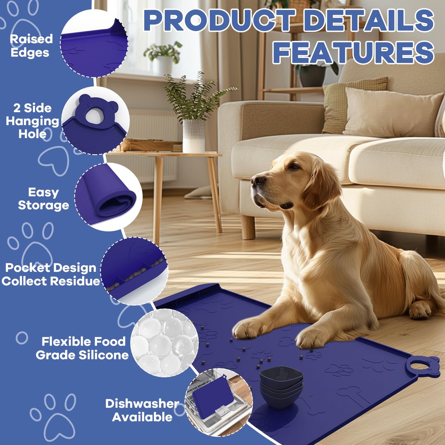 Pet Feeding Mat, Dog Food Mat, 24''x16'' Silicone Pet Feeding Mats with Residue Collection Pocket, Waterproof Dog Cat Bowl Mats for Food and Water with Edge and Hook, Tray for Dog Bowls, Navy Blue