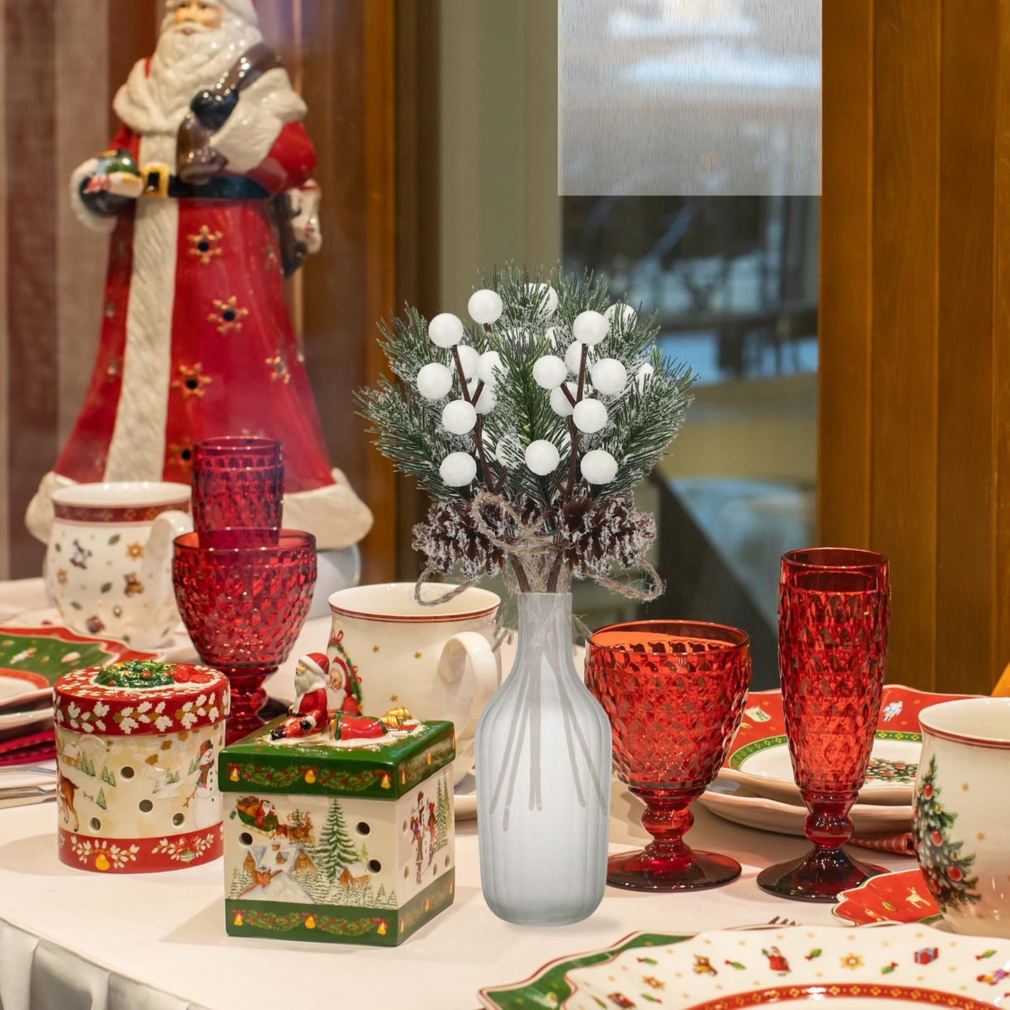 Artificial Red Berry Stems Pine Branches with Twine Bow,Christmas Pine Picks Fake Red Berry Wreath Picks, Christmas Trees Decoration Bouquets Garland Wreath Arrangements for Holiday Decor(10 Pack/red)