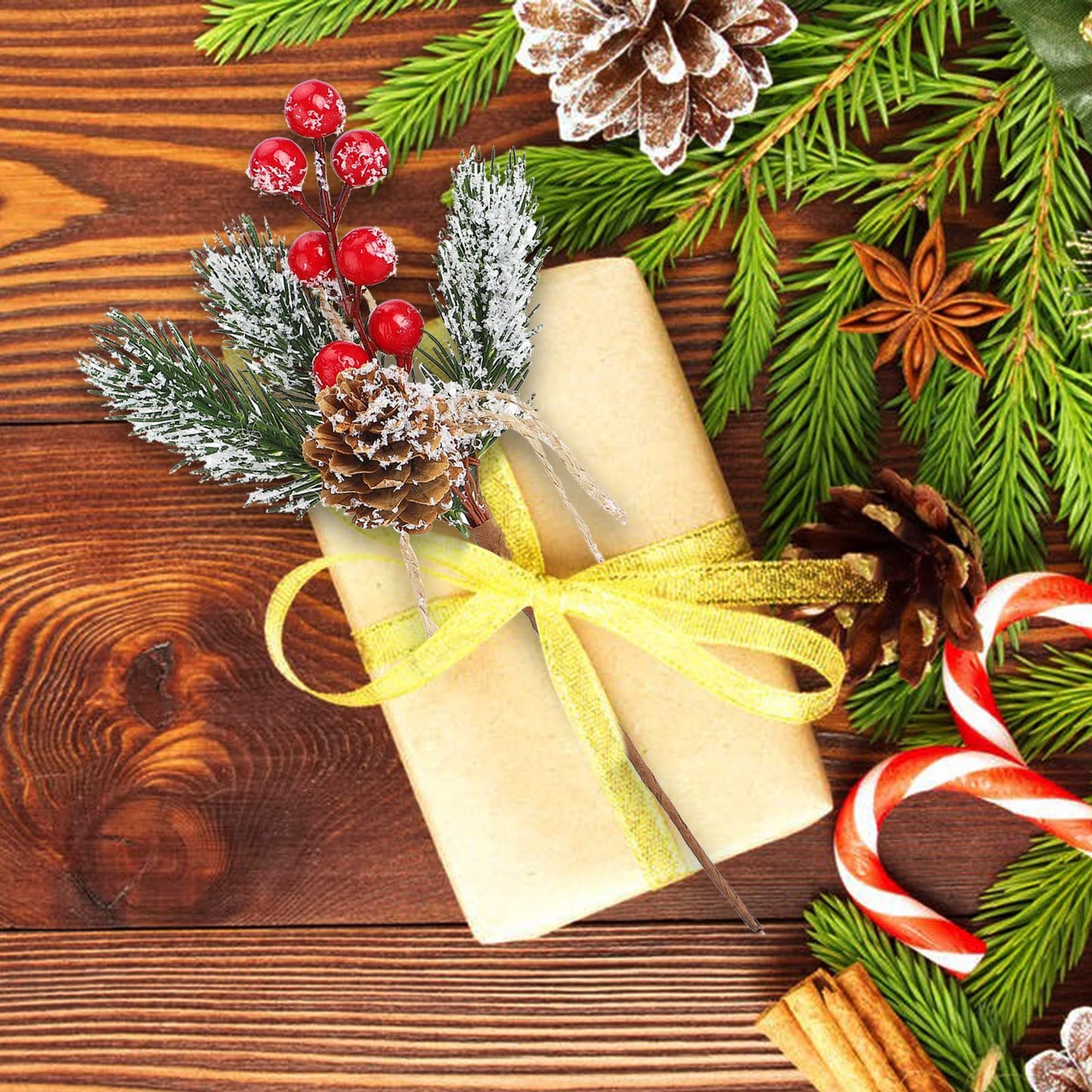 Artificial Red Berry Stems Pine Branches with Twine Bow,Christmas Pine Picks Fake Red Berry Wreath Picks, Christmas Trees Decoration Bouquets Garland Wreath Arrangements for Holiday Decor(10 Pack/red)