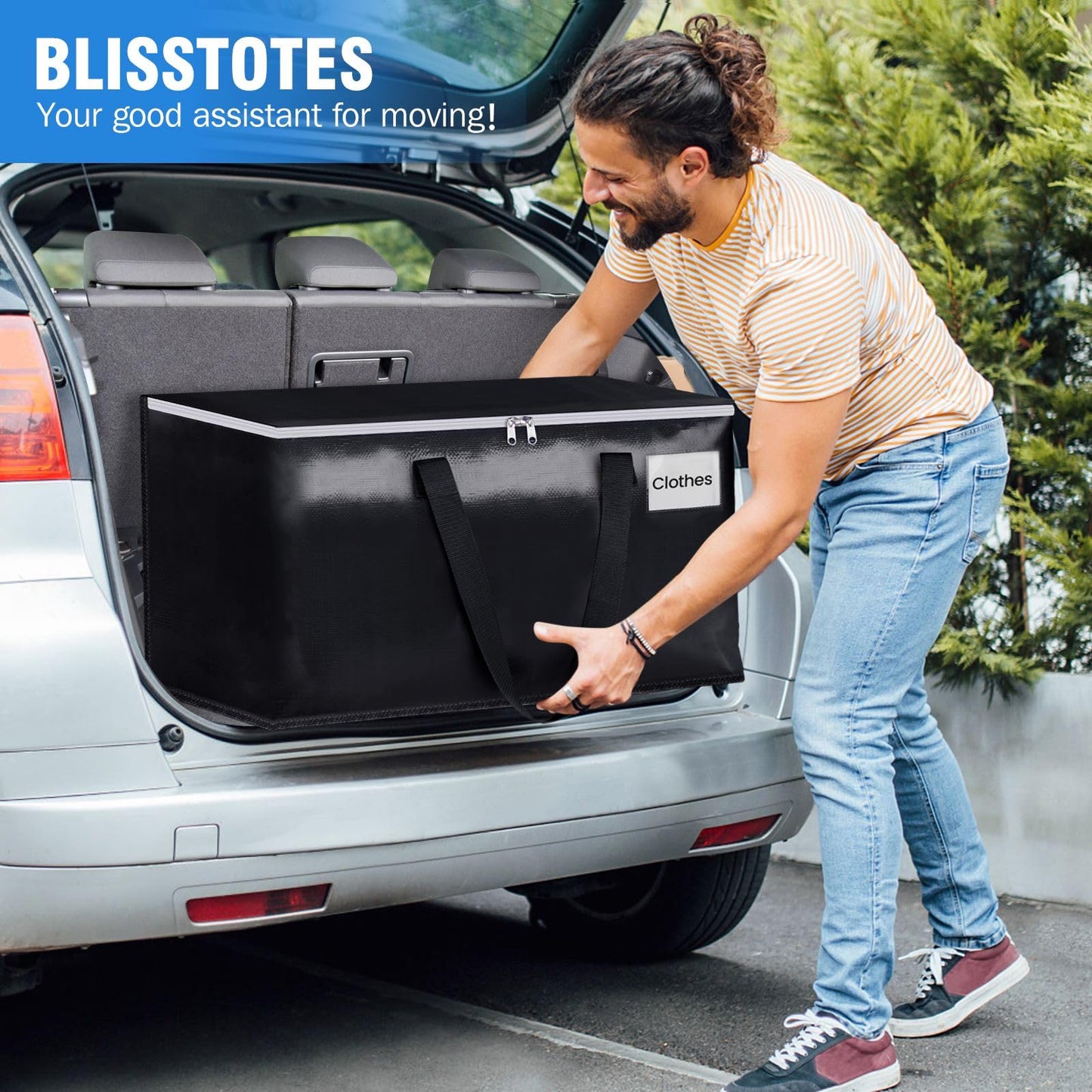 BlissTotes Moving Bags, Heavy Duty Moving Boxes with Zippers Top and Sturdy Handles, Storage Bags for Space Saving and Packing, Collapsible Moving Supplies, Storage Totes (76L, 2-Pack, Black)