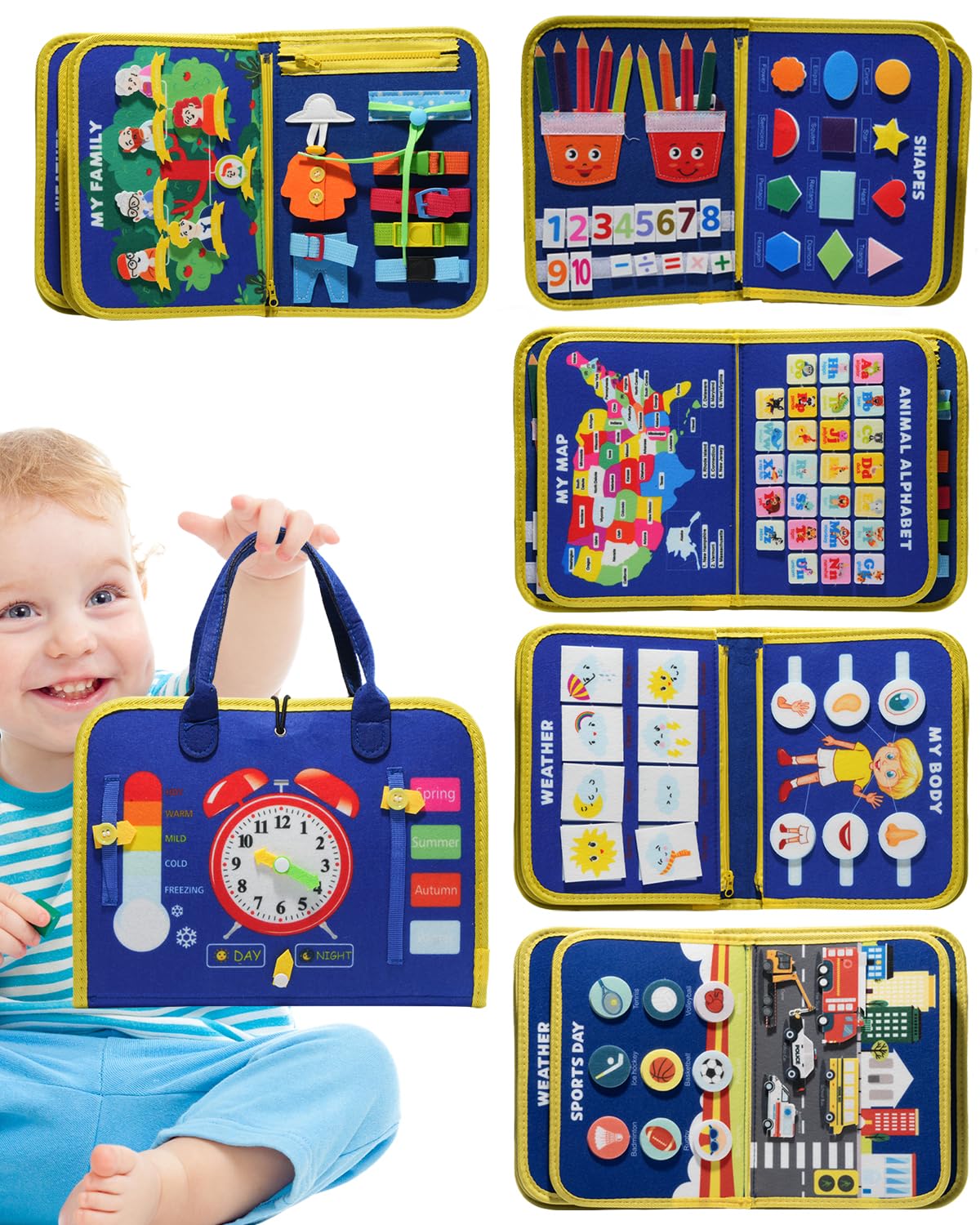 Busy Board Montessori Toys for 1 2 3 4 Year Old Girl Busy Book for Toddlers Preschool Learning Book for Fine Motor Skills, Sensory Toys for Autism Kids, Birthday Valentines Gifts for Boy 1-3 -Blue