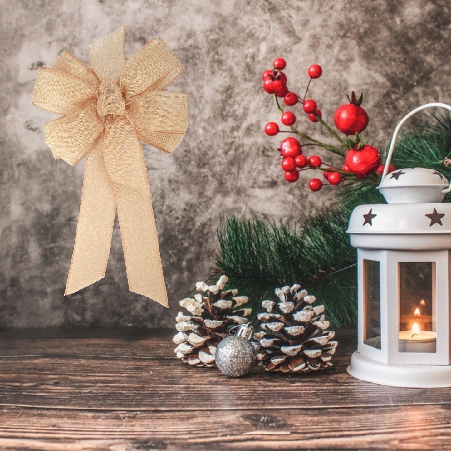 Meseey 1 Pcs 10 x 20 Inch Big Bow Burlap Ribbon with Natural Jute Rustic Wreath Ribbons and Bow Use Wrapping, Party Decoration (Linen)