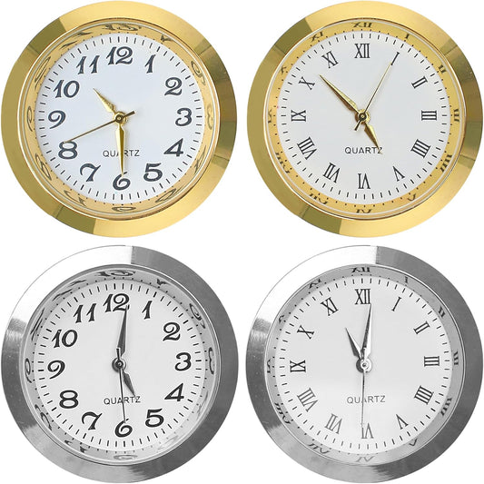 4PCS Mini Clock Insert Face Replacement, Fit 35mm (1.38") Hole Diameter, Round Inner Miniature Crystal Roman Numeral Quartz Movement Metal Gold Silver Bezel Supplies for DIY Craft Repair Easy Read