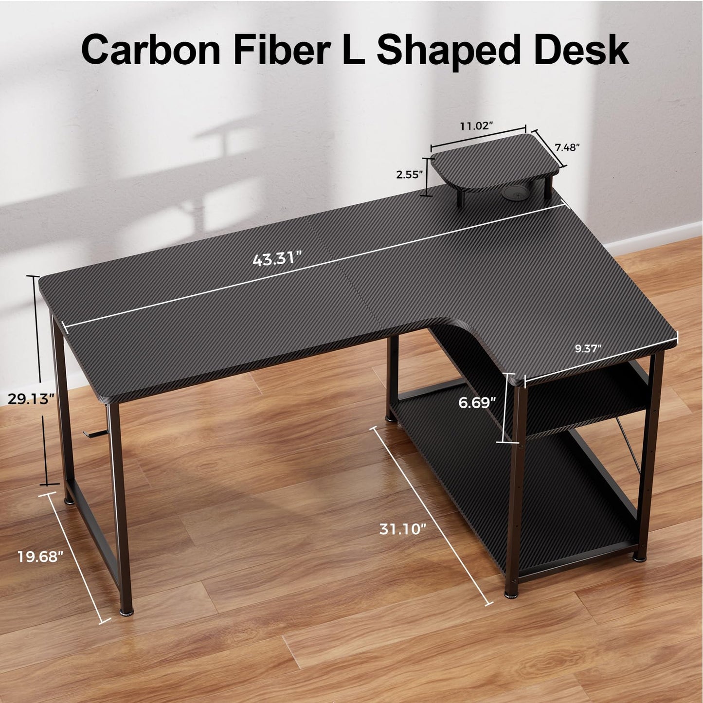 GTPLAYER L Shaped Gaming Desk, Carbon Fiber Style Computer Desk with Monitor Shelf and Hook, Black Small L Shape Desk with Adjustable Open Storage Shelf, Corner PC Table for Small Space Home Office