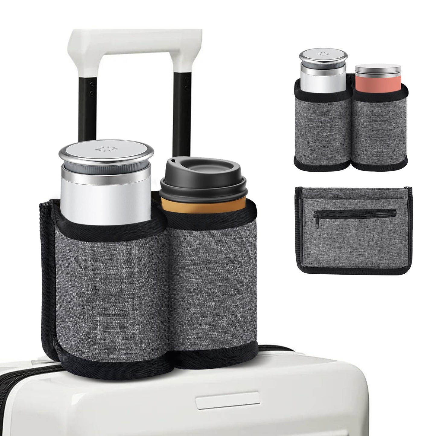 Luggage Cup Holder for Suitcases Free Hands, Travel Accessories, Luggage Cup Caddy Gifts, Beverage Holder, Universal Luggage Accessories for Flight Attendants, Business Travelers, Grey