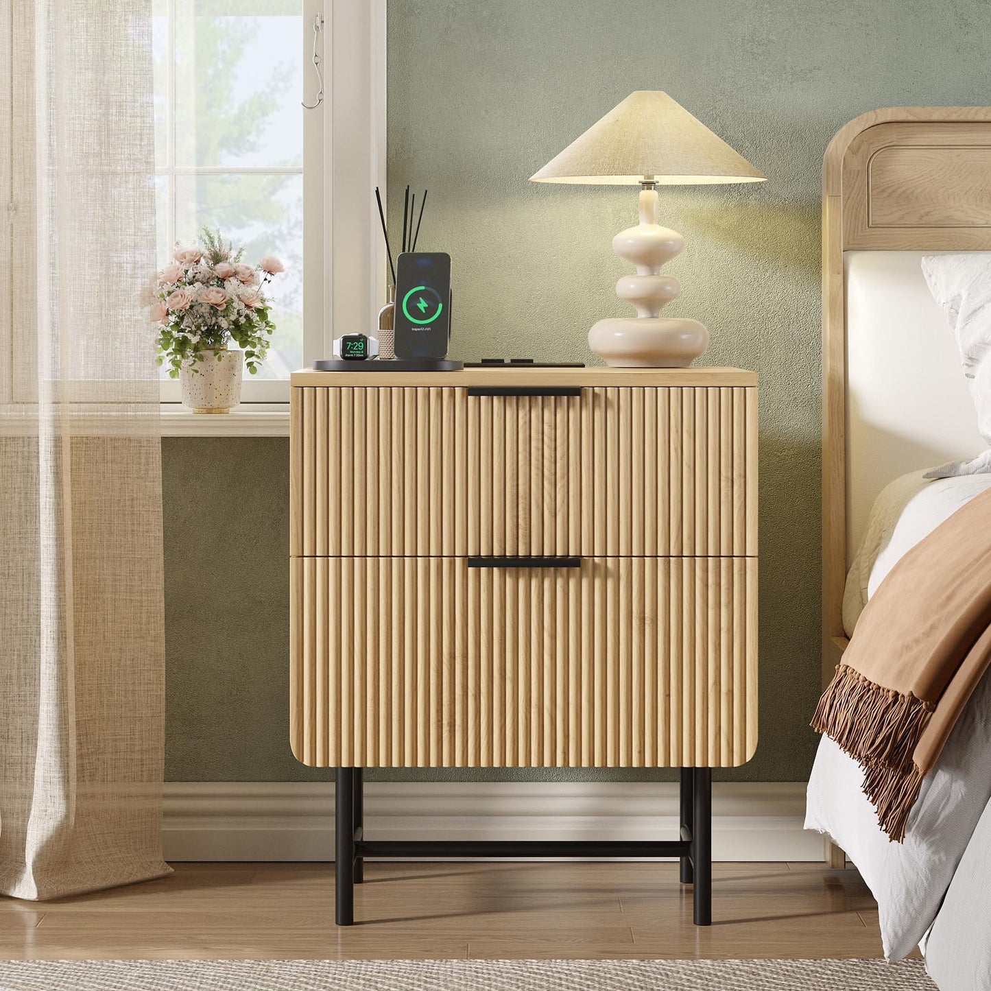 Fluted Nightstand with Charging Station, 20" Modern Bedside Table with 2 Drawers for Bedroom, Mid Century Modern End Table with Storage for Living Room, Natural Oak (1 Piece)