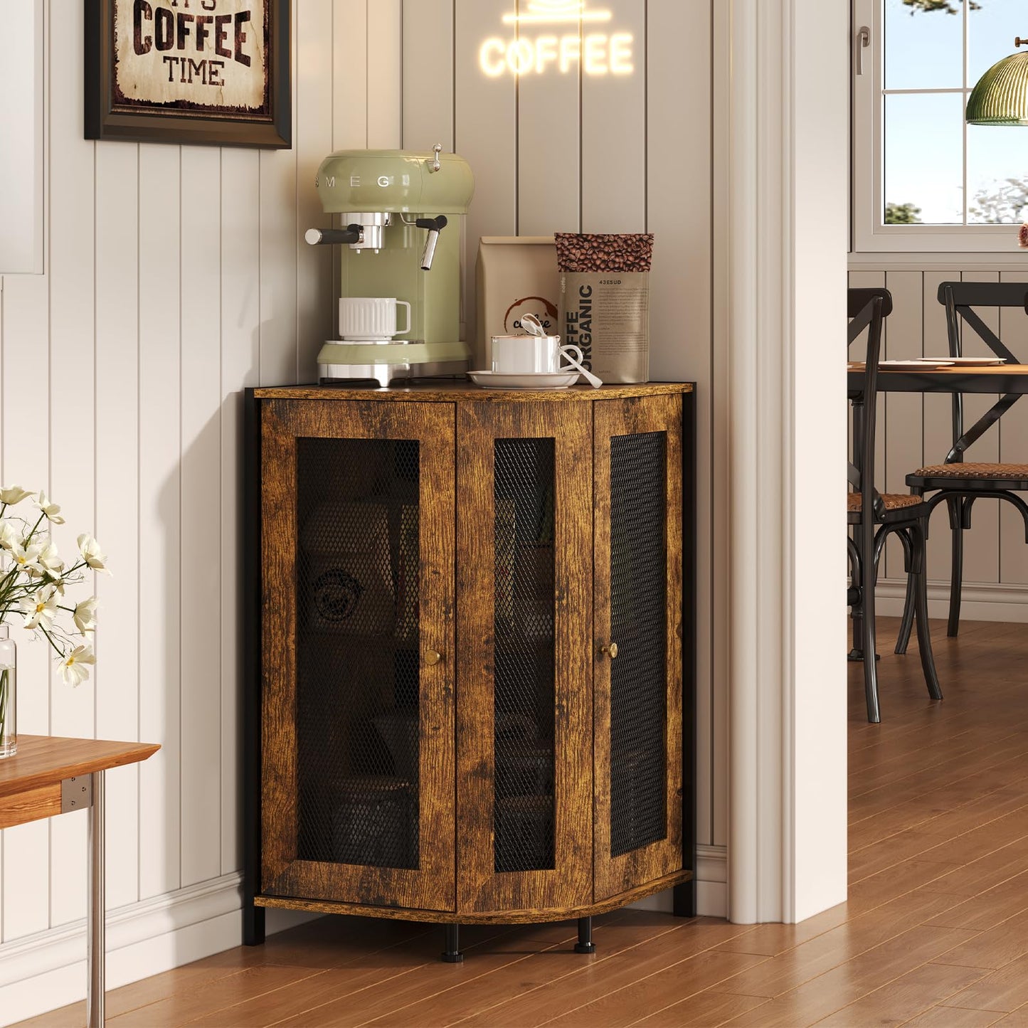 keomaisyto Coffee Bar Cabinet, 3-Tier Corner Coffee Cabinet with Storage Shelf & 18.7" Countertop, Rustic Wood Corner Bar Station with Magnetic Door for Kitchen/Entrance/Living Room/Dining Room
