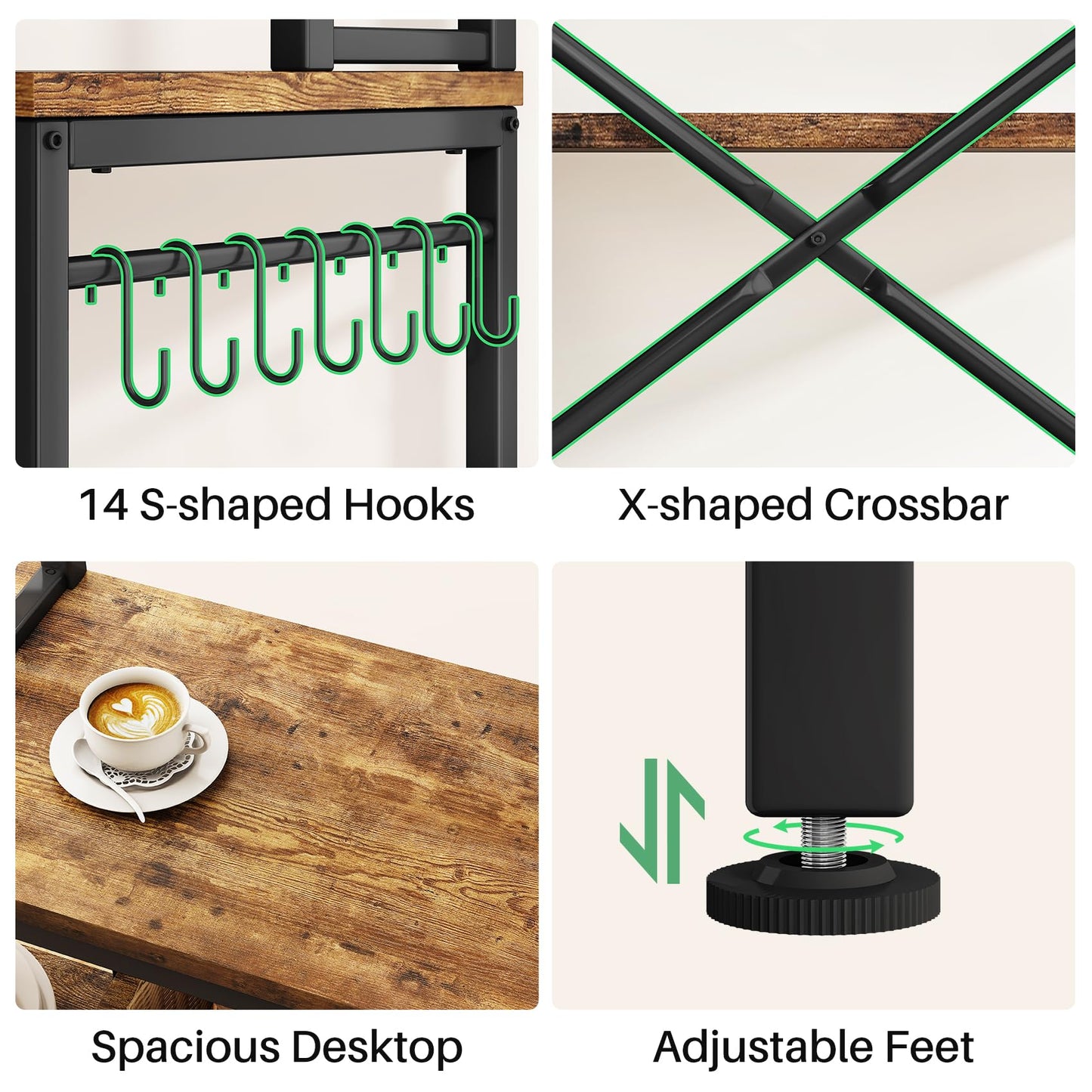 Baker Rack with Power Outlet - Microwave Stand with Storage, Large Coffee Bar Station with 14 Hooks, Metal Kitchen Shelf Rack for Spices, Pots (Rustic Brown)