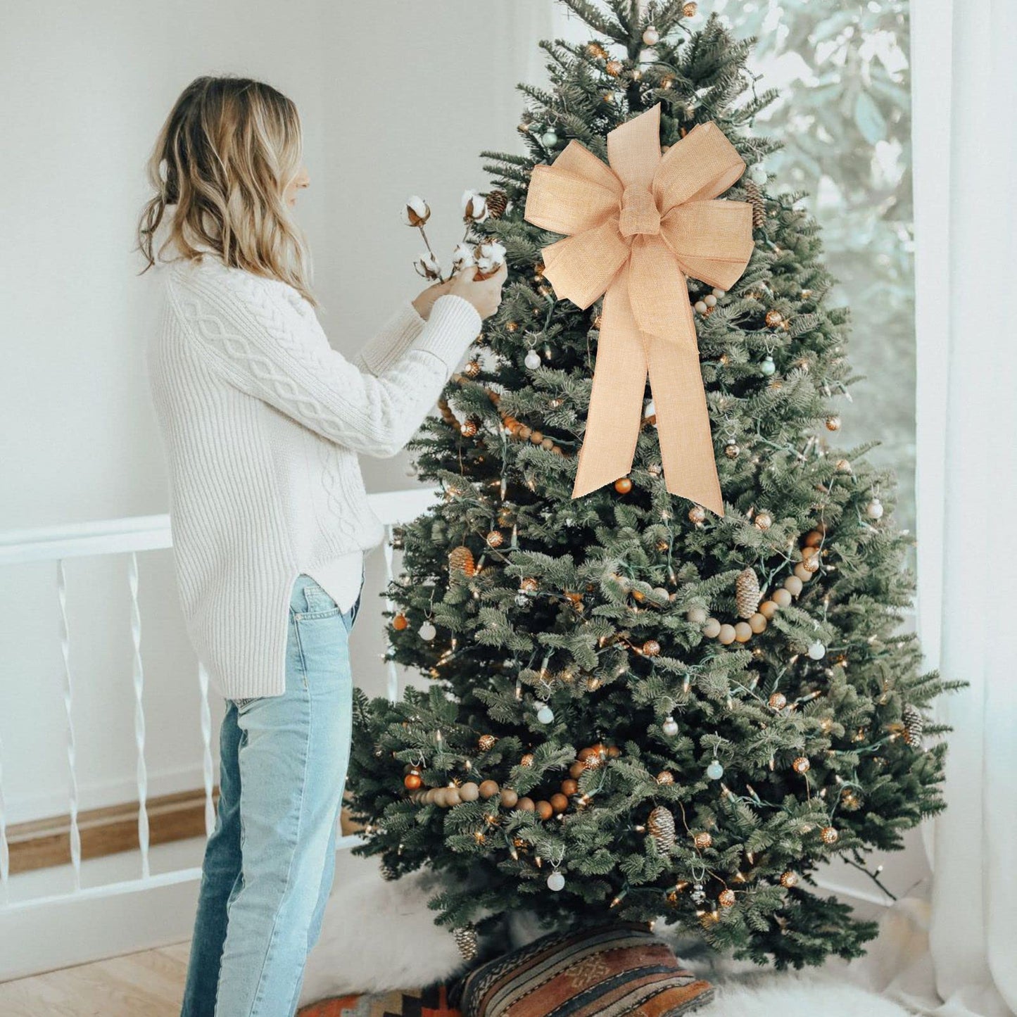 Meseey 1 Pcs 10 x 20 Inch Big Bow Burlap Ribbon with Natural Jute Rustic Wreath Ribbons and Bow Use Wrapping, Party Decoration (Linen)