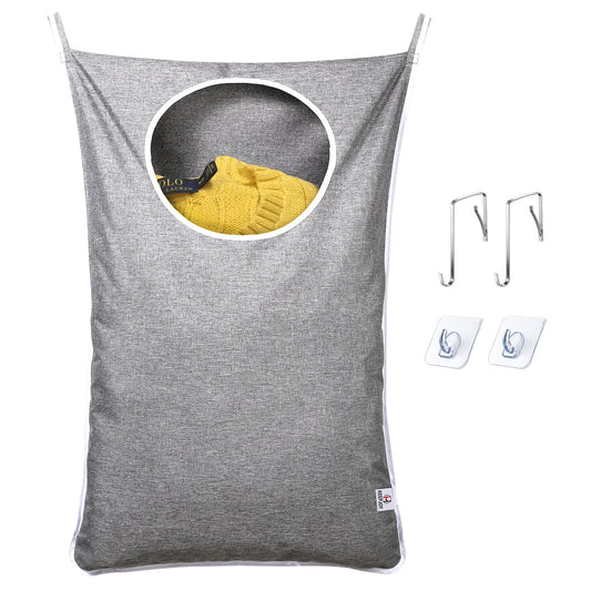 KEEPJOY Hanging Laundry Hamper Bag with Free Adjustable Stainless Steel Door 2 PCs Suction Cup Hooks, Best Choice for Holding Dirty Clothes and Saving Space, Grey