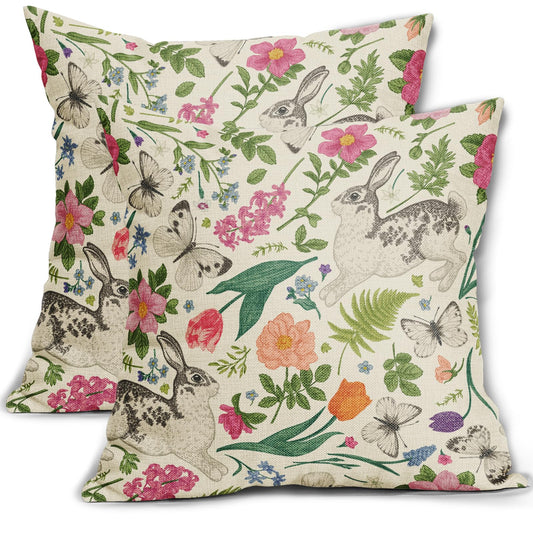 Spring Easter Pillow Covers 18x18 Inch Set of 2 Rabbit Pink Flower Sage Green Leaves Butterfly Vintage Botanical Plants Print Decorative Throw Pillows Seasonal Pillow Cases Couch Bed Sofa Decor