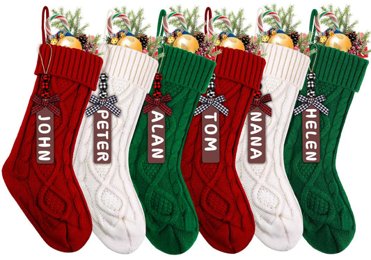 XIMISHOP 6PACK Christmas Stockings,18Inches Large Cable Knitted Stocking Personalized Xmas Hanging Stocking Decorations with Name Tags for Holiday Christmas Party Family Decor (Red White Green)