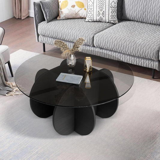 Coffee Table,31.5"Round Glass Coffee Table for Living Room Mid Century Modern Coffee Table Unique Circle Center Table with Wood Base Rustic Accent Center Cocktail Table for Home Small Space（black）