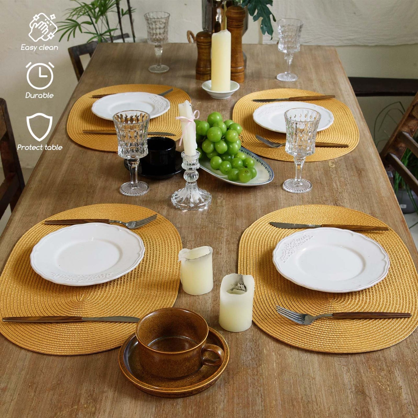 FunWheat Oval Braided Placemats Set of 8 Table Mats for Dining Tables Washable Heat Resistant Place Mats for Indoor Outdoor Use 12 x18 Inch(Oval Pumpkin, 8pcs)