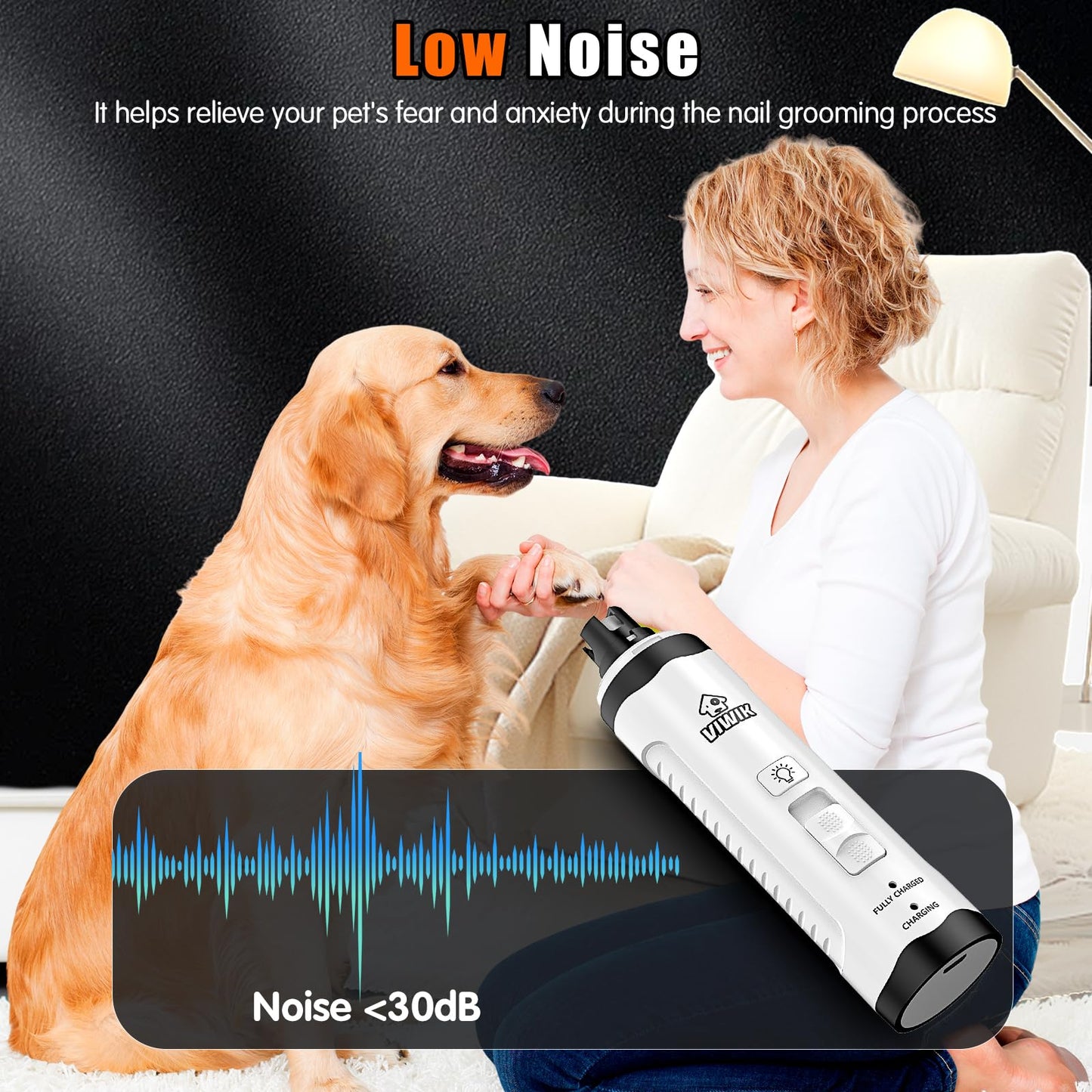 VIWIK Dog Nail Grinder with Dog Nail Trimmers, Dog Nail Clippers Kit for Large Medium Small Dogs & Cats, Quiet Electric 2-Speed USB Rechargeable Pet Nail Grinder with Light, Gifts for Dog Lovers