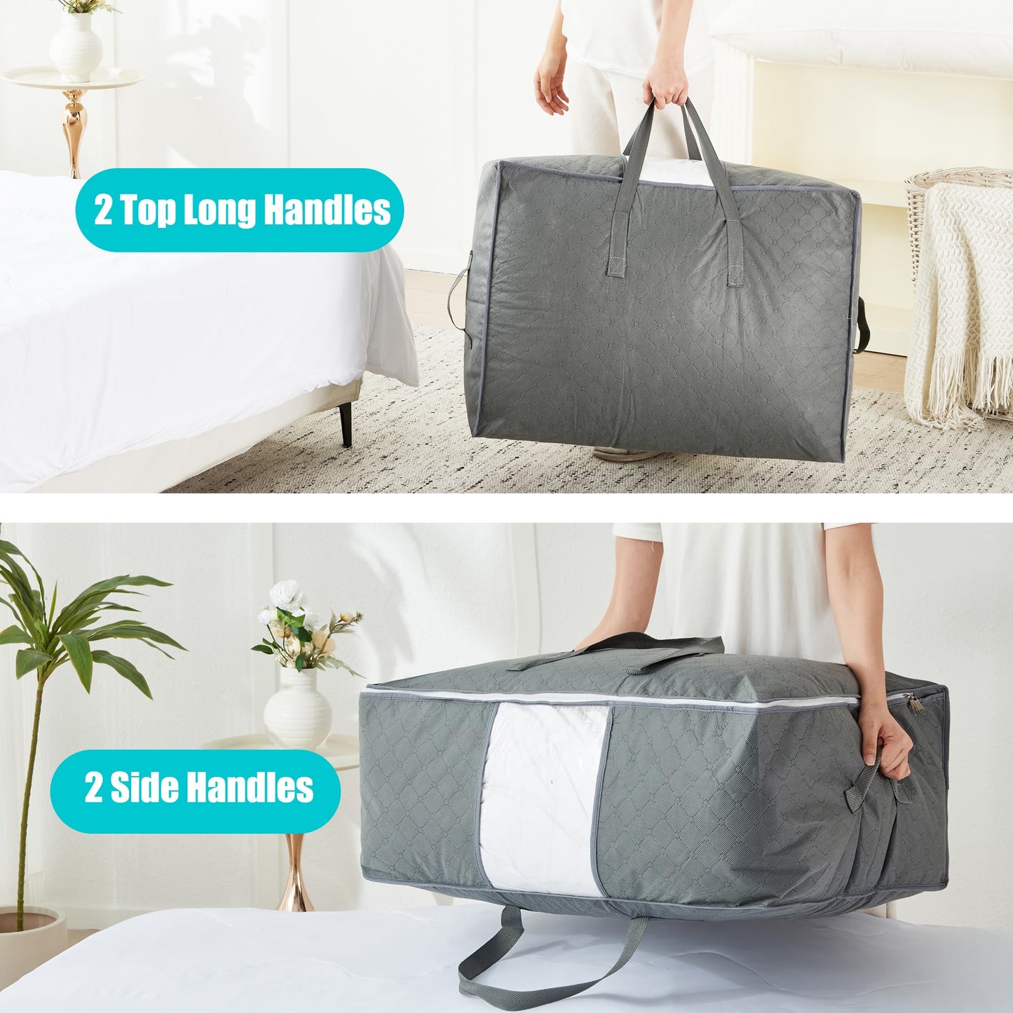 105L Extra Large Storage Bags for Blankets, King Comforters, Bedding, Clothes, Pillows, Sheets - Closet Organizers and Storage with 4 Handles & Clear Window, Foldable & Breathable (Grey, 3pack)