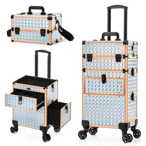 AROUS Rolling Makeup Train Case with Large Drawer, Multi-functional Cosmetic Trolley with 360° Swivel Wheels Keys, Large Storage Traveling Cart Trunk, Train Cases for Nail Technicians Hairstylist