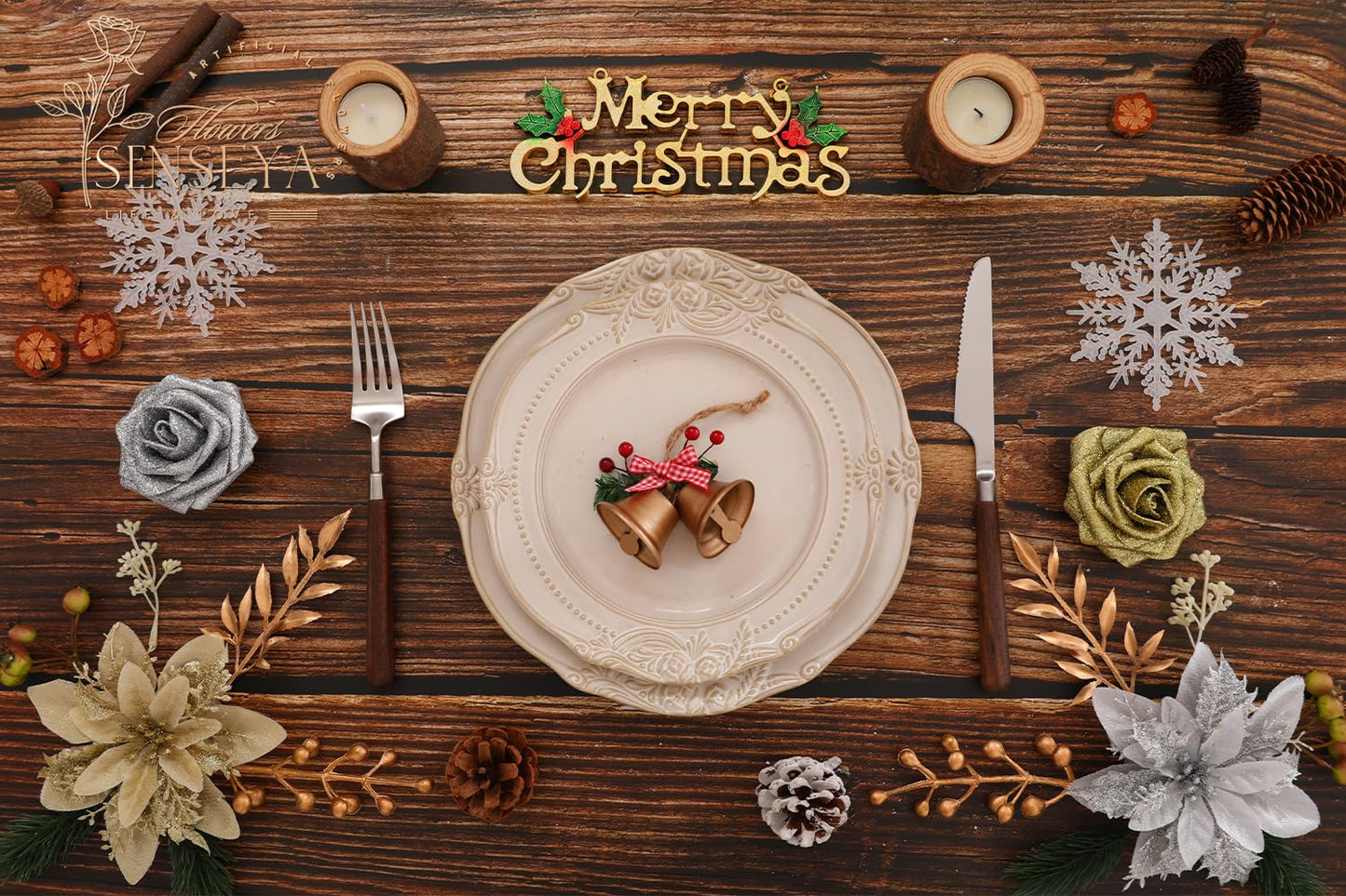 Senseya Artificial Christmas Flowers Poinsettia Combo Set, Mix Silk Flowers Fake Roses with Stems, for DIY Tree Ornaments Xmas Wreath Floral Arrangements Centerpieces Home Christmas Decorations