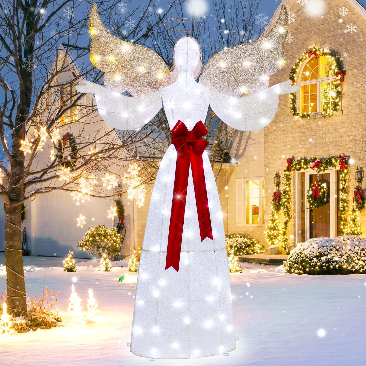 VIKIMORA 65" Lighted Angel Christmas Decoration, 3D Halo Angel with Golden Wings, White LED Lights, Outdoor/Indoor Use