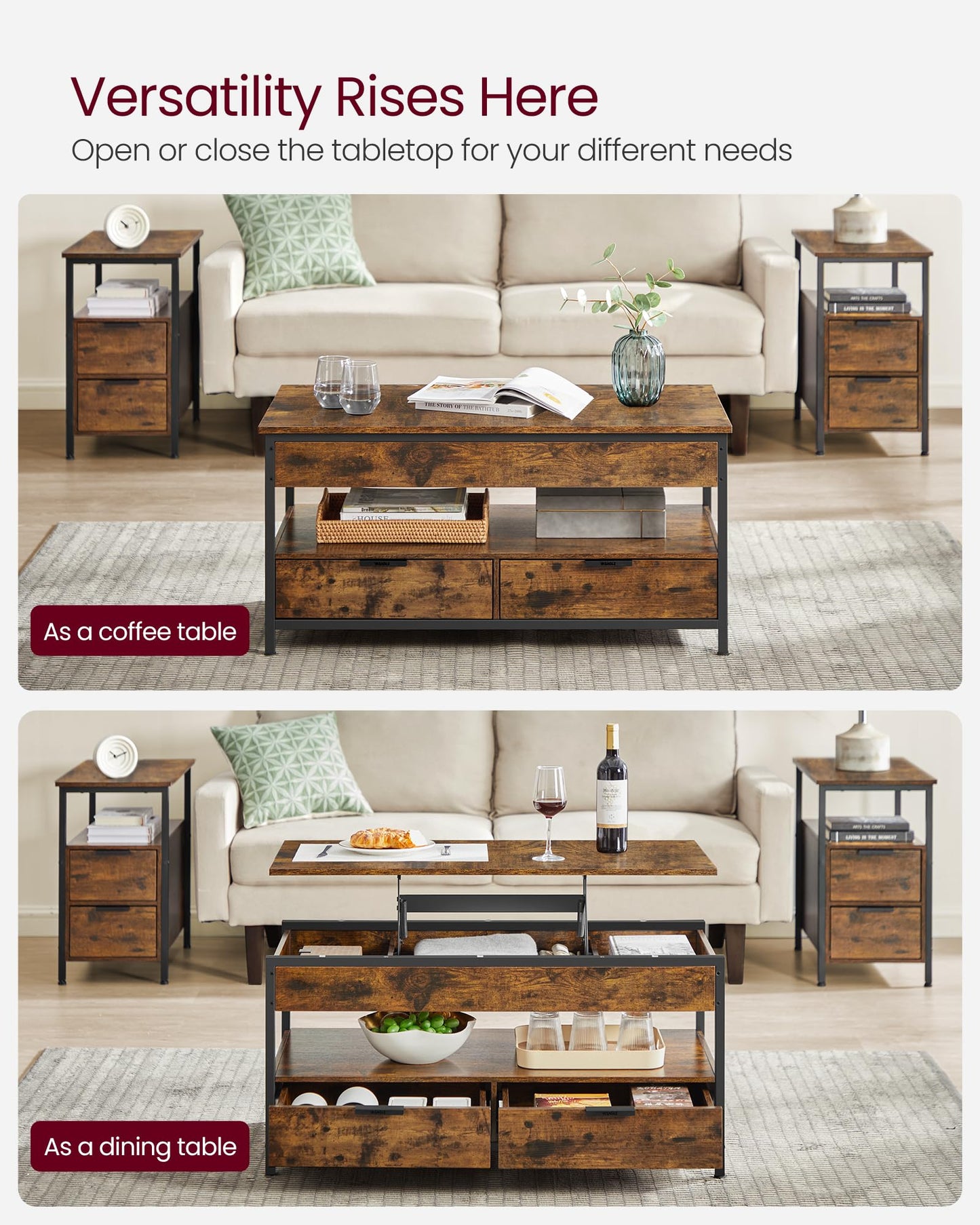 VASAGLE Lift Top Coffee Table with Storage Drawers, Coffee Table for Living Room with Lifting Top, Hidden Compartments and Open Shelf, Rustic Brown and Ink Black ULCT209K01